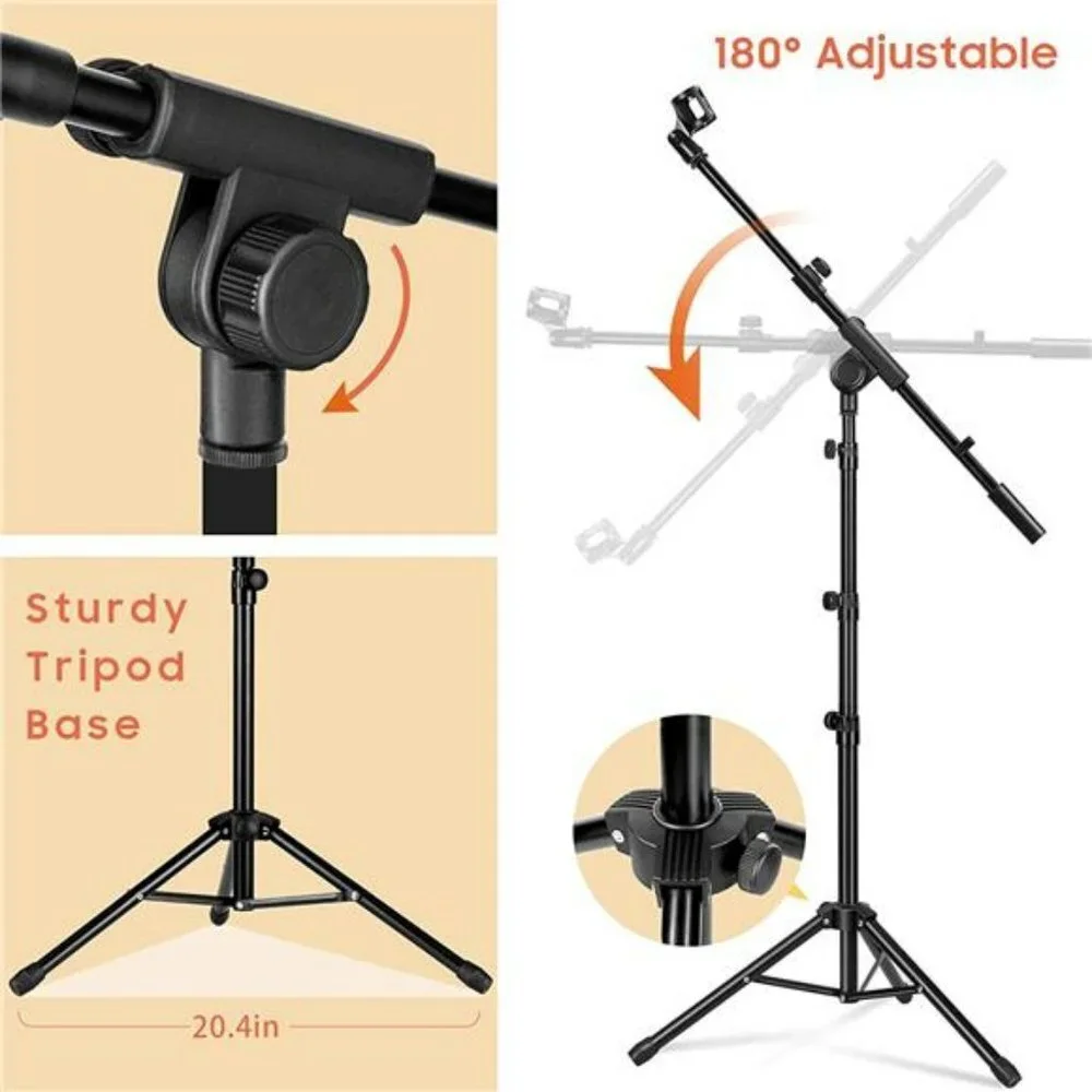 Microphone Stand Boom Arm Floor Mic Stands Tripod Foldable with 2 Mic Clip
